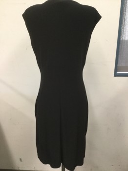 Womens, Cocktail Dress, RALPH LAUREN, Black, Polyester, Spandex, Solid, 8, Cross Over Rouched Bust, Capsleeve, Shoulder Pads, Faux Wrap, Rouched Side Waist