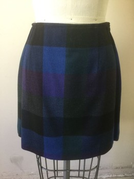 Womens, Skirt, Mini, THE LIMITED, Navy Blue, Purple, Black, Royal Blue, Polyester, Wool, Check , W 24, 2, Black/Royal Blue/Navy/Purple Oversized Check Squares Pattern, Wooly-Material, Invisible Zipper at Side