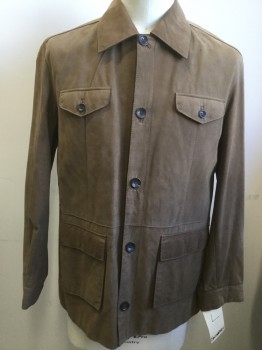 Mens, Leather Jacket, FACONNABLE, Lt Brown, Leather, Solid, L, Button Front, Collar Attached, 4 Pockets, **Small Stain Spots on Chest