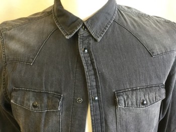 Mens, Western, ALL SAINTS, Faded Black, Cotton, Solid, L, Washed Out/distressed/holes, Collar Attached, Black with Silver Trim Snap Front, Yoke Front & Back, 2 Pockets with Flap, Long Sleeves, Curved Hem