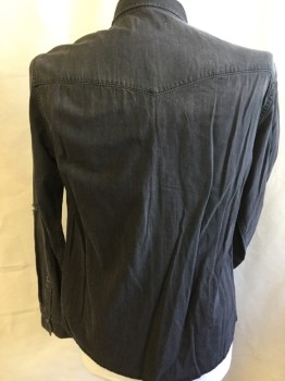 ALL SAINTS, Faded Black, Cotton, Solid, Washed Out/distressed/holes, Collar Attached, Black with Silver Trim Snap Front, Yoke Front & Back, 2 Pockets with Flap, Long Sleeves, Curved Hem