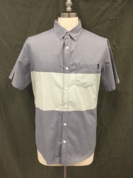 RIPZONE, Denim Blue, Mint Green, Cotton, Color Blocking, Button Front, Collar Attached, Short Sleeves, 1 Pocket