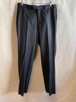 HUGO BOSS, Gray, Wool, Heathered, Solid, SUIT PANTS, Flat Front, 4 Pockets, Belt Loops, Zip Fly