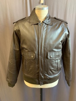 Mens, Leather Jacket, RAF, Dk Brown, Leather, Solid, M, Zip Front with Snap Hidden Placket, Collar Attached, Snap Epaulets, 2 Flap Pockets, Long Sleeves, Ribbed Knit Waistband/Cuff