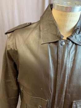 Mens, Leather Jacket, RAF, Dk Brown, Leather, Solid, M, Zip Front with Snap Hidden Placket, Collar Attached, Snap Epaulets, 2 Flap Pockets, Long Sleeves, Ribbed Knit Waistband/Cuff