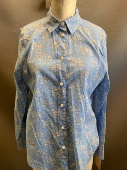 Womens, Blouse, JCREW, Lt Blue, White, Cotton, Floral, 6, Long Sleeves, Button Front, Collar Attached,