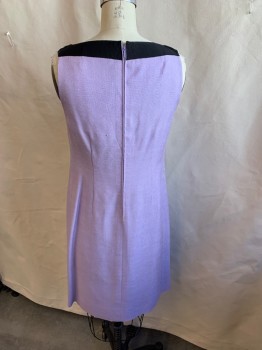 ADO STRUBE, Lavender Purple, Black, Linen, Color Blocking, Square Neck, Solid Lavender Lining, 1.5" Black Vertical Stripes/straps and Back Neck, Zip Back, Flare Bottom