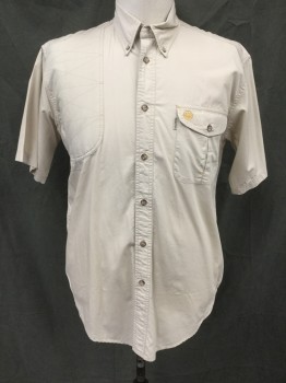 Mens, Casual Shirt, BERETTA, Tan Brown, Cotton, Solid, L, Button Front, Collar Attached, Button Down Collar, Short Sleeves, 1 Flap Pocket, Quilted Shoulder Right Panel, Vent Back Yoke with Mesh Layer Underneath