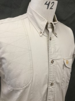 Mens, Casual Shirt, BERETTA, Tan Brown, Cotton, Solid, L, Button Front, Collar Attached, Button Down Collar, Short Sleeves, 1 Flap Pocket, Quilted Shoulder Right Panel, Vent Back Yoke with Mesh Layer Underneath