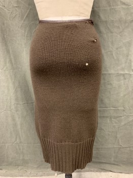 Womens, Skirt, Below Knee, MIU MIU, Chocolate Brown, Wool, Solid, W 29, M, Knit, Dark Brown Leather Waist Trim, 6 1/2" Ribbed Knit Hem, Internal Pocket Center Front, Attached Webbing Belt with Large Plastic Buckle, Adjustable, Side Zip, Fraying at Waist and Hole in Rear, Aged/Distressed,