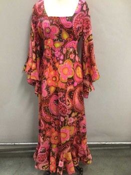 MR "B" OF CALIFORNIA, Hot Pink, Brown, Pink, Orange, Chartreuse Green, Nylon, Paisley/Swirls, Floral, Vibrant Psychadelic Pattern, Flared 3/4 Sleeves, Square Neck, Empire Waist, Self Ties At Waist, Floor Length Hem, Late 1960's