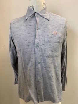 Mens, Shirt, MARLBORO, Lt Gray, Black, Cotton, Stripes, 15/32, Sport-shirt, Collar Attached, Button Front, Long Sleeves, Pink & Yellow Flower Embroidery Above Pocket