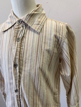 JB ORIGINAL VINTAGE, Beige, Brown, Tan Brown, Lt Green, Cotton, Stripes - Vertical , Stripes - Pin, Boys, Long Sleeve Button Front, Collar Attached, Retro/Old Timey Faux Vintage