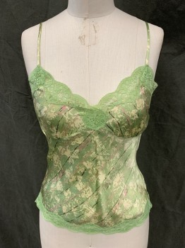 Womens, Top, GOLD HAWK, Green, Mint Green, Pink, Dk Brown, Silk, Abstract , Stripes - Diagonal , S, Crossover V-neck Top, Lace Trim, Adjustable Spaghetti Straps, Pleated Over Bust
