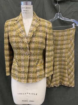 Womens, Suit, Jacket, ANNE KLEIN, Dk Brown, Off White, Turmeric Yellow, Green, Orange, Acrylic, Cotton, Mottled, Basket Weave, 6, Single Breasted, Collar Attached, Notched Lapel, 1 Gold/Rhinestone Flower Button, 2 Pockets, 3/4 Sleeve, Raw Edges