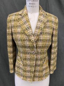 ANNE KLEIN, Dk Brown, Off White, Turmeric Yellow, Green, Orange, Acrylic, Cotton, Mottled, Basket Weave, Single Breasted, Collar Attached, Notched Lapel, 1 Gold/Rhinestone Flower Button, 2 Pockets, 3/4 Sleeve, Raw Edges