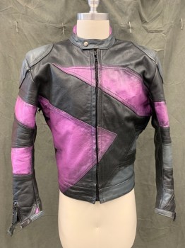Mens, Leather Jacket, STEEN HANSEN RACING, Black, Purple, Leather, Color Blocking, S, Motorcycle Racing Jacket, Panelled, Some Panels Spray Painted Purple, Zip Front, Snap Band Collar, Zip/Velcro Cuff, Zip Underarm Vents