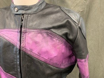 Mens, Leather Jacket, STEEN HANSEN RACING, Black, Purple, Leather, Color Blocking, S, Motorcycle Racing Jacket, Panelled, Some Panels Spray Painted Purple, Zip Front, Snap Band Collar, Zip/Velcro Cuff, Zip Underarm Vents