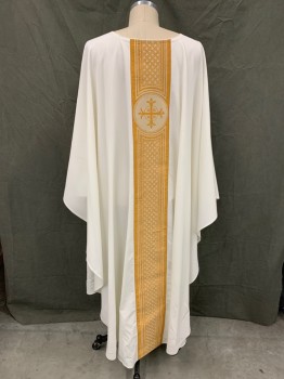 Unisex, Chasuble, ASSISI BY SABBINCK, Cream, Gold, Taupe, Polyester, Solid, O/S, Round Neck with Rope Trim,  Pullover, Poncho, Gold Glitter and Taupe Ornate 5 1/2" Ribbon Center Front and Center Back