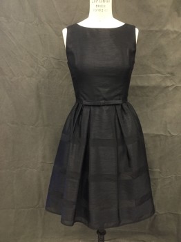 TAYLOR, Black, Polyester, Nylon, Solid, Raw Silk Look, Boat Neck, Sleeveless, Gathered and Pleated Skirt, Horizontal Shadow Stripes on Skirt, Fabric Covered Button Back, Hidden Zipper Center Back Skirt, 1/2 " Self Belt, Attached at Front with Bow, Hook & Eye Back