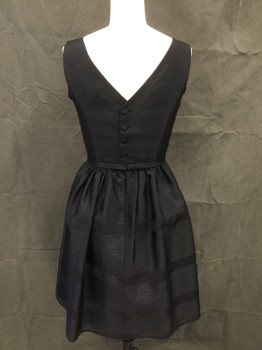 TAYLOR, Black, Polyester, Nylon, Solid, Raw Silk Look, Boat Neck, Sleeveless, Gathered and Pleated Skirt, Horizontal Shadow Stripes on Skirt, Fabric Covered Button Back, Hidden Zipper Center Back Skirt, 1/2 " Self Belt, Attached at Front with Bow, Hook & Eye Back