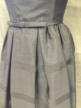 Womens, Cocktail Dress, TAYLOR, Black, Polyester, Nylon, Solid, 4, Raw Silk Look, Boat Neck, Sleeveless, Gathered and Pleated Skirt, Horizontal Shadow Stripes on Skirt, Fabric Covered Button Back, Hidden Zipper Center Back Skirt, 1/2 " Self Belt, Attached at Front with Bow, Hook & Eye Back