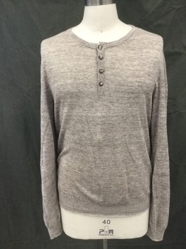 THE MEN'S STORE, Dusty Brown, Linen, Heathered, Button Placket, Ribbed Knit Crew Neck/Waistband/Cuff, Long Sleeves, Center Back Seam