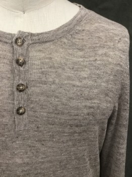 Mens, Pullover Sweater, THE MEN'S STORE, Dusty Brown, Linen, Heathered, M, Button Placket, Ribbed Knit Crew Neck/Waistband/Cuff, Long Sleeves, Center Back Seam