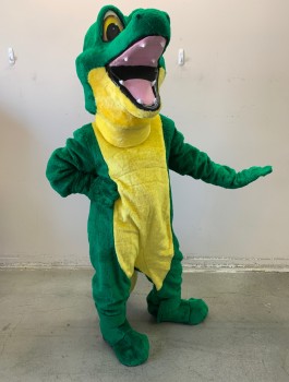 N/L MTO, Green, Yellow, Polyester, Alligator / Crocodile Mascot, Green Plush with Yellow Plush Belly, Long Sleeves, Long Tail with Spiky Structured Points with Green Sequin Detail, Center Back Zipper, Made To Order **Includes Non Coded Green Plush Piece, See Photo