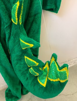 Unisex, Walkabout, N/L MTO, Green, Yellow, Polyester, C <48", Alligator / Crocodile Mascot, Green Plush with Yellow Plush Belly, Long Sleeves, Long Tail with Spiky Structured Points with Green Sequin Detail, Center Back Zipper, Made To Order **Includes Non Coded Green Plush Piece, See Photo