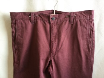 LEVI'S, Wine Red, Cotton, Elastane, Solid, 1.5" Waistband with Belt Hoops, Flat Front, Zip Front, 4 Pockets