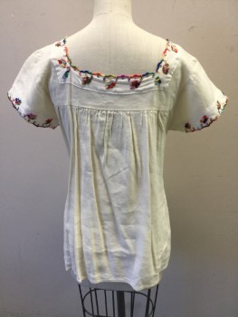 FOX 2, Off White, Red, Blue, Orchid Purple, Brown, Cotton, Linen, Novelty Pattern, Crown Embroidery Along Square Neck, Yoke Front & Back, Short Sleeves Trim