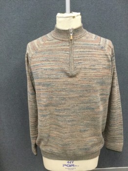 Mens, Pullover Sweater, PETER MILLAR, Tan Brown, Brown, Lt Blue, Blue, Cashmere, Stripes, 2XT, Zip Placket, Long Sleeves, Ribbed Knit Stand Collar, Ribbed Knit Waistband/Cuff