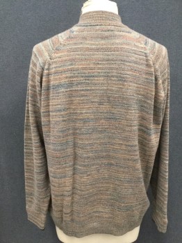 Mens, Pullover Sweater, PETER MILLAR, Tan Brown, Brown, Lt Blue, Blue, Cashmere, Stripes, 2XT, Zip Placket, Long Sleeves, Ribbed Knit Stand Collar, Ribbed Knit Waistband/Cuff