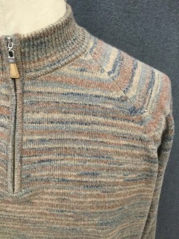 PETER MILLAR, Tan Brown, Brown, Lt Blue, Blue, Cashmere, Stripes, Zip Placket, Long Sleeves, Ribbed Knit Stand Collar, Ribbed Knit Waistband/Cuff