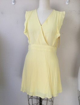 DYNAMITE, Lt Yellow, Viscose, Rayon, Solid, Surplice V-neck with Modesty Snap, Inset Waistband, Sleeveless with Shoulder Ruffles, Zip Back, Crepe, Lined Flippy Skirt Above Knee
