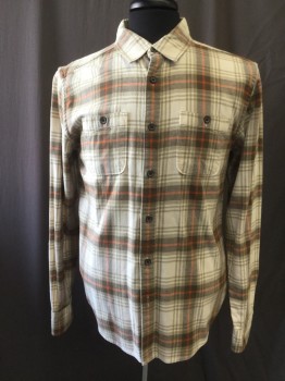 Mens, Casual Shirt, WATERMAN QUICKSILVER, Cream, Brown, Khaki Brown, Orange, Cotton, Plaid, S, Button Front, Long Sleeves, Collar Attached, Flannel, 2 Pockets,