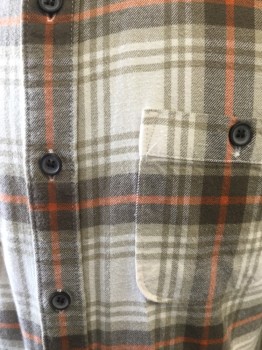 Mens, Casual Shirt, WATERMAN QUICKSILVER, Cream, Brown, Khaki Brown, Orange, Cotton, Plaid, S, Button Front, Long Sleeves, Collar Attached, Flannel, 2 Pockets,