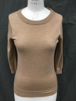 J. CREW, Camel Brown, Wool, Solid, Ribbed Knit Scoop Neck, 3/4 Sleeves, Ribbed Knit Cuff/Waistband