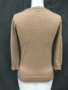 Womens, Pullover, J. CREW, Camel Brown, Wool, Solid, 8, Ribbed Knit Scoop Neck, 3/4 Sleeves, Ribbed Knit Cuff/Waistband