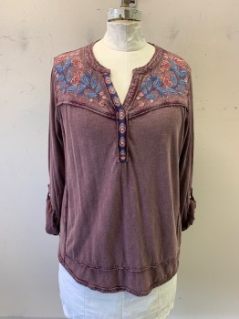 Womens, Top, STYLE & CO, Purple, Cotton, Faded, 2X, V-N, L/S, Tab & Buttons on Cuffs, Blue, Light Pink, & Dusty Rose Floral Embroidery