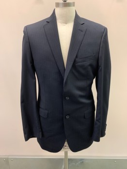 CALVIN KLEIN, Navy Blue, Blue, Wool, Stripes - Pin, Notched Lapel, Single Breasted, Button Front, 2 Buttons, 3 Pockets