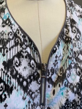 EASY STRETCH, White, Black, Aqua Blue, Teal Green, Polyester, Spandex, Abstract , S/S, Round Neck With Zipper, 4 Pockets At Hips