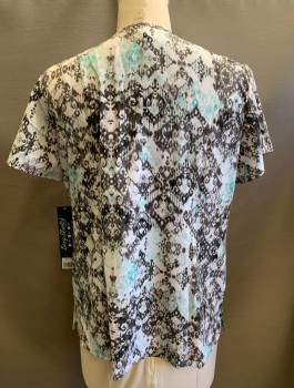 Unisex, Scrub Top, EASY STRETCH, White, Black, Aqua Blue, Teal Green, Polyester, Spandex, Abstract , L, S/S, Round Neck With Zipper, 4 Pockets At Hips