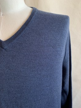 Mens, Pullover Sweater, J. CREW, Slate Blue, Wool, Solid, L, V-neck, Long Sleeves