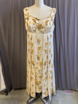 NL, Beige, Synthetic, Gold & Silver Floral/Leaf/Grape 3D Embellishments, Gold & Silver Round Beads, Metallic Silver & Metallic Gold Stitching, Scoop Neck, Empire Waist, Darts, Pleated Skirt, Zip Back, Floor Length, High Low Hem