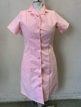 Womens, Waitress/Maid, EWC, Lt Pink, Poly/Cotton, Solid, Sz.14, Short Sleeves, Button Front, Notched Collar, 2 Pockets at Hips, Hem Below Knee