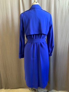 THEORY, Royal Blue, Acetate, Polyester, Solid, Collar Attached, Notched Lapel, Open Front, 2 Pockets, Snap Tabs at Cuff, Snap Epaulets, Self Belt, Back Storm Flap