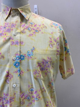 Mens, Casual Shirt, REYN SPOONER, Yellow, Cerulean Blue, Raspberry Pink, White, Cotton, Floral, 48, S/S, Button Front, Collar Attached, Chest Pocket