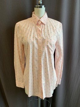 Womens, Blouse, GAP, Peach Orange, White, Cotton, Polyester, Stripes - Vertical , Squares, XS, C.A., Button Front, L/S, Small Blue & Green Square All Over Pattern